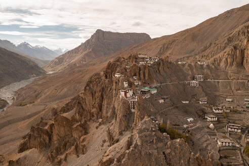 Aerial view of the Dhankar Monastery, a Buddhist landmark on the top of the mountains in Kaza, Himachal Pradesh, India. - AAEF26955