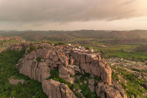 Aerial view of the Yantrodharaka Hanuman Temple at sunset, Gangavathi, Karnataka, India. - AAEF26977