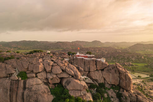 Aerial view of the Yantrodharaka Hanuman Temple at sunset, Gangavathi, Karnataka, India. - AAEF26978