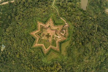 Aerial view of Manjarabad fort, an historical star shaped fort on the hill, Belthangady, Karnataka, India. - AAEF26995