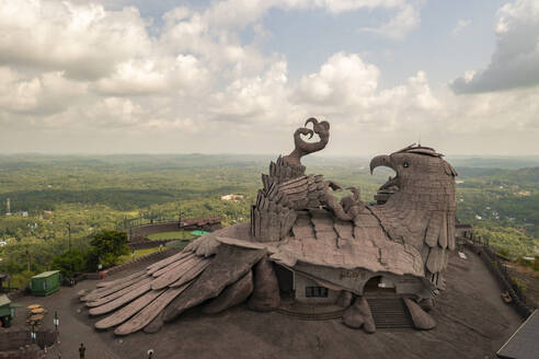 Aerial view of Jatayu Rock, an eagle shaped statue on the hill top, Chadayamangalam, Nilamel, Kerala, India. - AAEF27012
