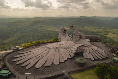 Aerial view of Jatayu Rock, an eagle shaped statue on the hill top, Chadayamangalam, Nilamel, Kerala, India. - AAEF27014