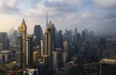Aerial view of Downtown Dubai with Al Yaqoub Tower and Burj Khalifa, Dubai, United Arab Emirates. - AAEF27036