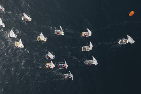 Aerial view of regatta race with sailboats in Primorje-Gorski Kotar, Croatia. - AAEF27067