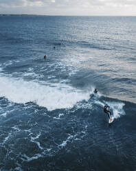 Aerial view of surfers in action on the shoreline, Oristano, Italy. - AAEF27072