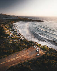 Aerial view of serene coastline with blue ocean and sandy beach, Western Cape, South Africa. - AAEF27073