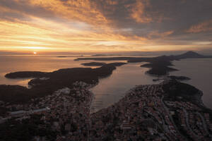 Aerial view of the serene Adriatic coast at sunset, Primorje-Gorski Kotar, Croatia. - AAEF27077