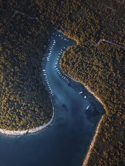 Aerial view of boats moored in a tranquil cove with turquoise water and reflections, Primorje-Gorski Kotar, Croatia. - AAEF27081