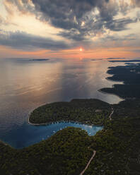 Aerial view of boats in a beautiful bay with turquoise water, Sutivan, Primorje-Gorski Kotar, Croatia. - AAEF27107