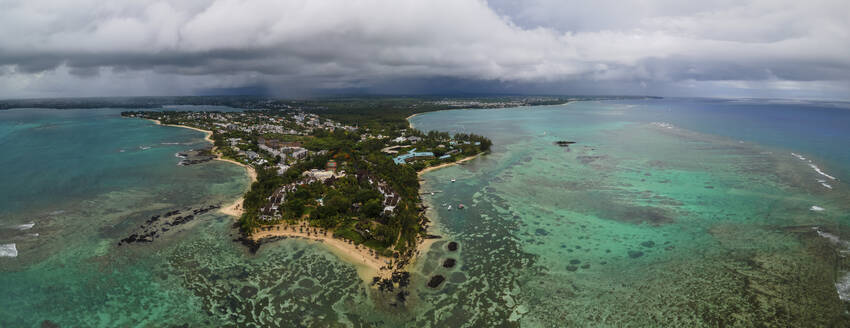 Panoramic aerial view of Pointe aux Canonniers coastline, Grand Baie, Mauritius. - AAEF27158