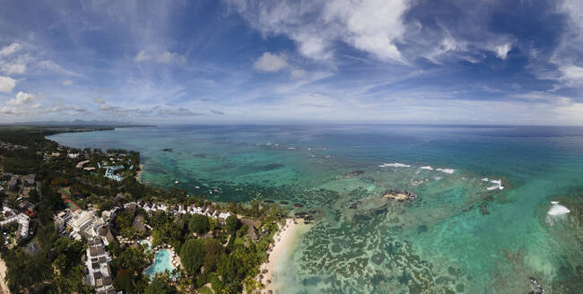 Panoramic aerial view of Pointe aux Canonniers coastline, Grand Baie, Mauritius. - AAEF27173