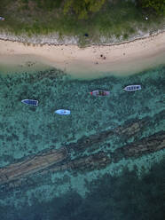 Aerial view of small fishing boats on Balaclava Public Beach at sunset, Mauritius. - AAEF27188