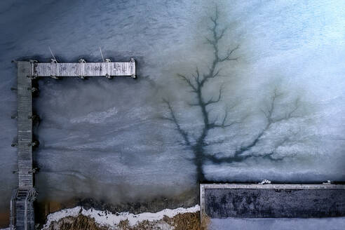 Aerial view of frozen shoreline with snowy trees and pier, Hamptons, New York, United States. - AAEF27208