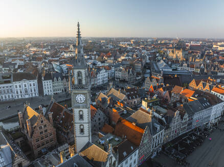 Aerial view of Gildenhuis van de Vrije Schippers clock tower in Gent downtown, Ghent, East Flanders, Belgium. - AAEF27249