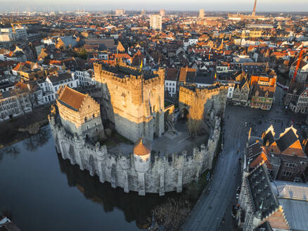 Aerial view of The Gravensteen, a medieval castle in Ghent, East Flanders, Belgium. - AAEF27253