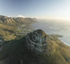 Aerial view of Signal Hill Nature Reserve (Lion's Rump), a landmark flat topped hill along the Atlantic Ocean coastline, Cape Town, Western Cape, South Africa. - AAEF27287