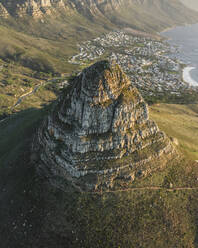 Aerial view of Signal Hill Nature Reserve (Lion's Rump), a landmark flat topped hill along the Atlantic Ocean coastline, Cape Town, Western Cape, South Africa. - AAEF27288