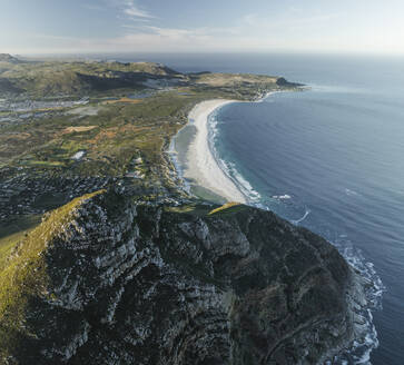 Aerial view of Chapman Peak with Noordhoek Beach along the coastline, Cape Peninsula National Park, Cape Town, Western Cape, South Africa. - AAEF27294