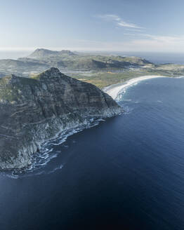 Aerial view of Chapman Peak with Noordhoek Beach along the coastline along the Hout Bay, Cape Peninsula National Park, Cape Town, Western Cape, South Africa. - AAEF27296