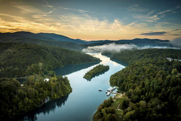 Aerial view of Plitvice National Park in Croatia at sunset. - AAEF27334