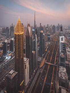 Aerial Drone view of the Sheikh Zayed Road, Dubai Business Bay in United Arab Emirates. - AAEF27391