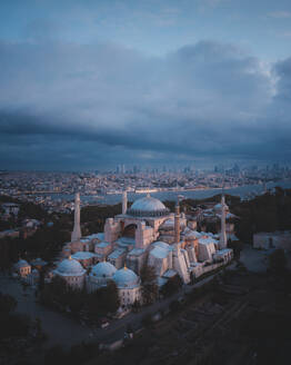 Aerial Drone view of Hagia Sophia at sunrise, Istanbul in Turkey. - AAEF27397