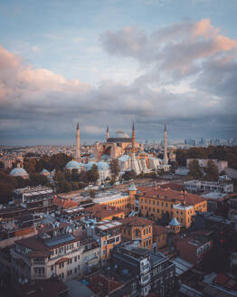 Aerial Drone view of Hagia Sophia at sunrise, Istanbul in Turkey. - AAEF27398