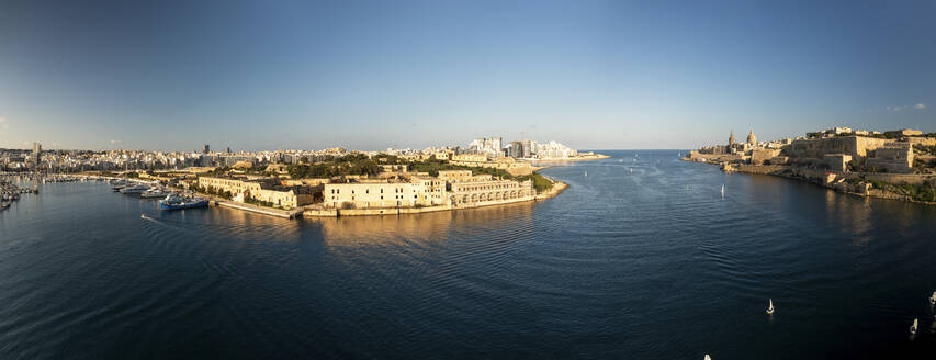 Aerial view of Floriana's Marina and Fortifications at sunset, Floriana, Malta. - AAEF27451