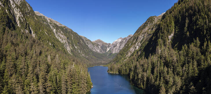 Panoramic aerial view of Lake Medvijie, Tongass National Forest, Baranof Island, Sitka, Alaska, United States. - AAEF27487