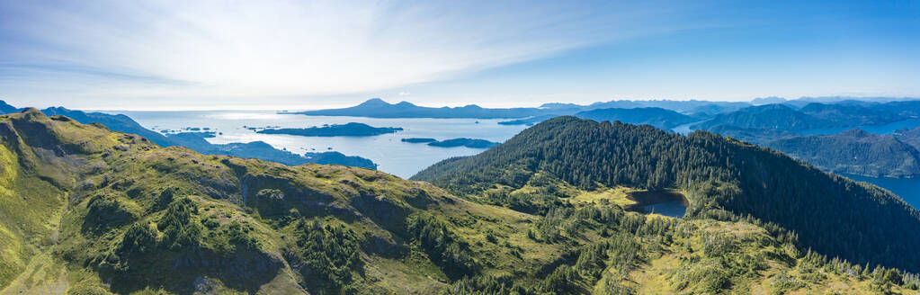 Panoramic aerial view of the mountains of Baranof Island, Tongass National Forest, Sitka, Alaska, United States. - AAEF27491