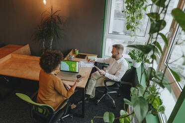 Business colleagues sitting at desk discussing strategy in coworking space - YTF02005