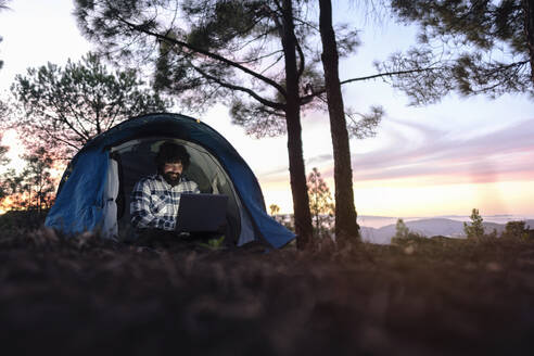 Freelancer working on laptop in tent near trees at sunset - ASGF04947