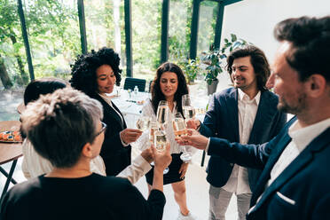 Businessmen and businesswomen making a corporate party after the business conference to celebrate the year goals and achievements. - DMDF10556