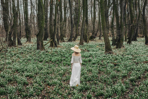 Frau, die inmitten von Maiglöckchenblüten im Wald spazieren geht - VSNF01732