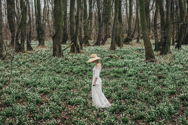 Woman walking amidst flowers in forest - VSNF01734