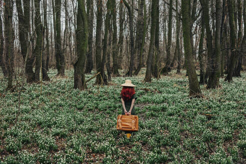 Woman walking with suitcase through Lily-of-the-valley flowers in forest - VSNF01742