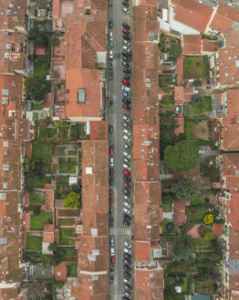 Aerial view of a big residential district in Florence outskirts with mountains in background, Florence, Tuscany, Italy. - AAEF27579