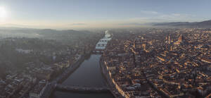 Aerial panoramic view of Florence downtown along the Arno river at sunset, Florence, Tuscany, Italy. - AAEF27581