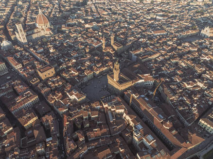 Aerial view of Piazza della Signoria and Cathedral of Santa Maria del Fiore in Florence downtown at sunset, Florence, Tuscany, Italy. - AAEF27591