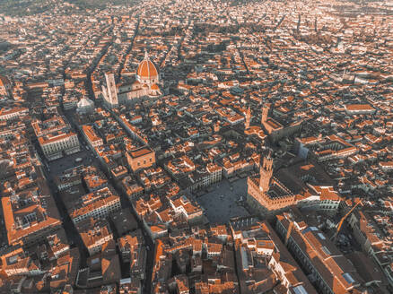 Aerial view of Piazza della Signoria and Cathedral of Santa Maria del Fiore in Florence downtown at sunset, Florence, Tuscany, Italy. - AAEF27592