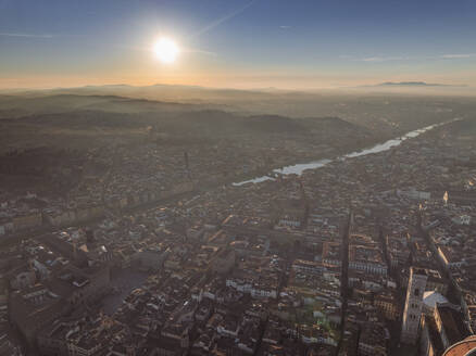 Aerial view of Florence downtown along the Arno river at sunset, Florence, Tuscany, Italy. - AAEF27598