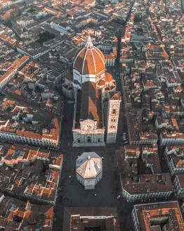 Aerial view of Cathedral of Santa Maria del Fiore and the The Baptistery of St. John, a gothic style church in Florence downtown, Florence, Tuscany, Italy. - AAEF27602