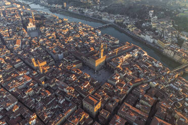 Aerial view of Piazza della Signoria and Cathedral of Santa Maria del Fiore in Florence downtown at sunset, Florence, Tuscany, Italy. - AAEF27604