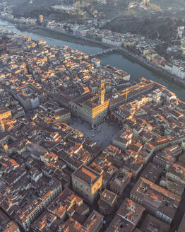 Aerial view of Piazza della Signoria and Cathedral of Santa Maria del Fiore in Florence downtown at sunset, Florence, Tuscany, Italy. - AAEF27605