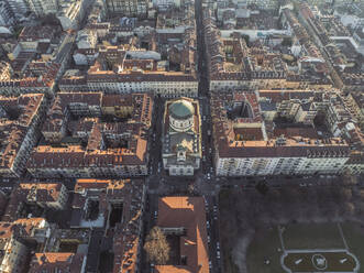 Aerial view of San Massimo church in Turin downtown at sunset, Turin, Piedmont, Italy. - AAEF27620