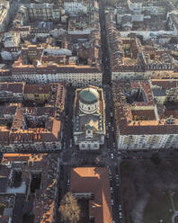 Aerial view of San Massimo church in Turin downtown at sunset, Turin, Piedmont, Italy. - AAEF27621