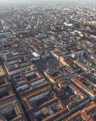 Aerial view of Piazza Carlo Emanuele II in Turin downtown at sunset, Turin, Piedmont, Italy. - AAEF27628