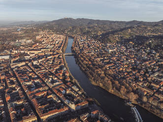 Aerial view of Turin downtown at sunset along the Po river, Turin, Piedmont, Italy. - AAEF27636