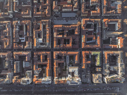 Aerial view of residential building blocks along the road, Turin, Piedmont, Italy. - AAEF27660