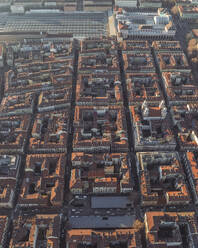 Aerial view of residential building blocks along the road, Turin, Piedmont, Italy. - AAEF27661